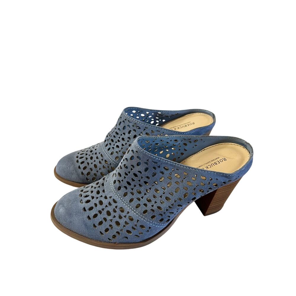 Roebuck & Co Womens Size 5.5 Blue Cutout Suede Mules Block Heel Slide Sandals